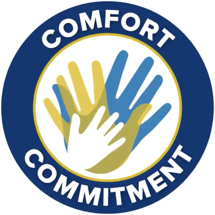 Navy and gold graphic shows three hands and reads 'Comfort Commitment'