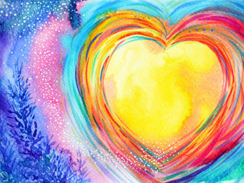 Painting of a colorful heart in the night sky. 