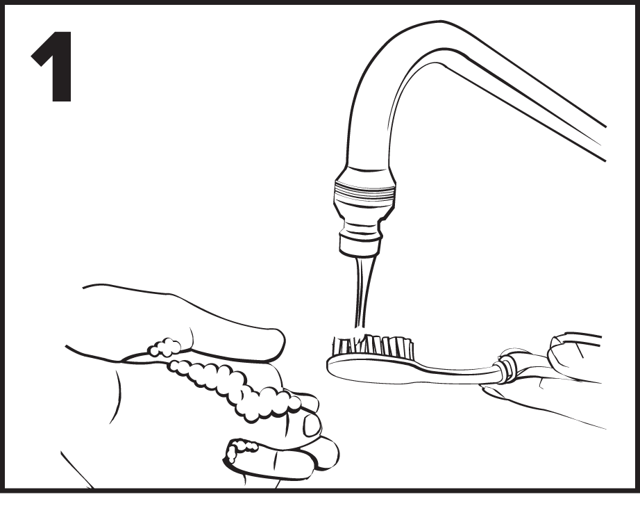 ENFit® Cleaning Procedures step 1 is illustration of washing hands with soap and water and rinsing brush with tap water.