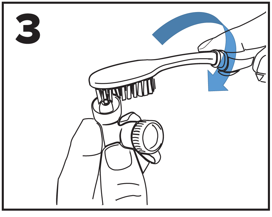 ENFit® Cleaning Procedures step 3 is illustration of toothbrush rotating in bottom of moat and grooves of cap