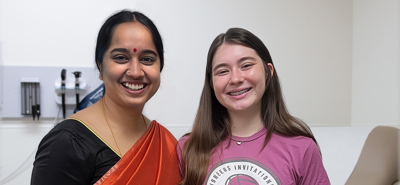 Pediatric neurologist Vaishnavi Vaidyanathan with pediatric neurology patient Ryleigh