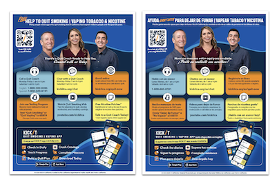 Bilingual flyer promoting free help to quit smoking and vaping, including quitline, chat, text, and mobile app support.
