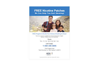 Flyer promoting free nicotine patches and quit-smoking support with contact information and texting option.