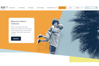 Kick It California homepage showing quit-smoking support with a “Quit Now” button and navigation menu.
