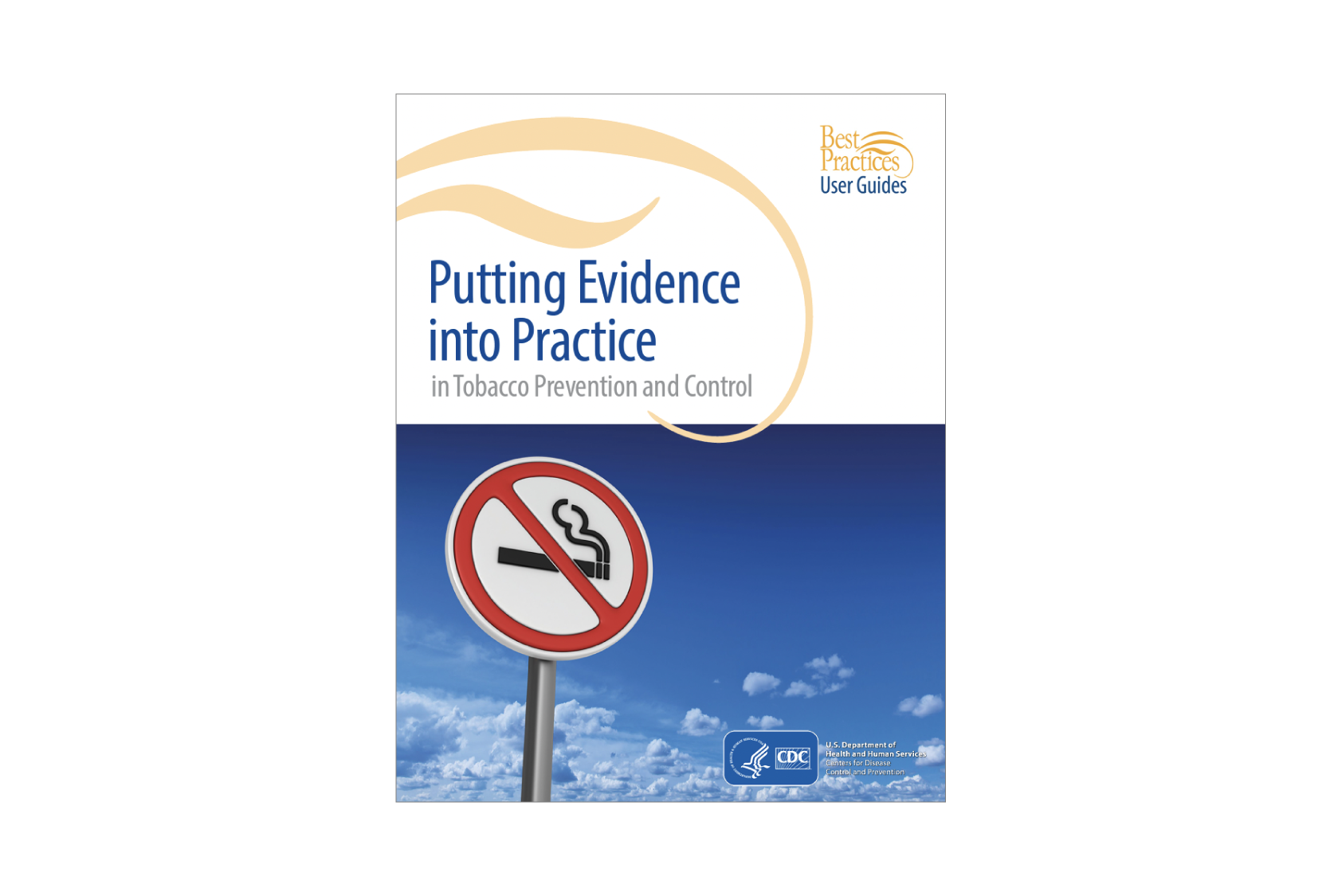 Cover of “Putting Evidence into Practice in Tobacco Prevention and Control” with no-smoking sign and CDC branding.