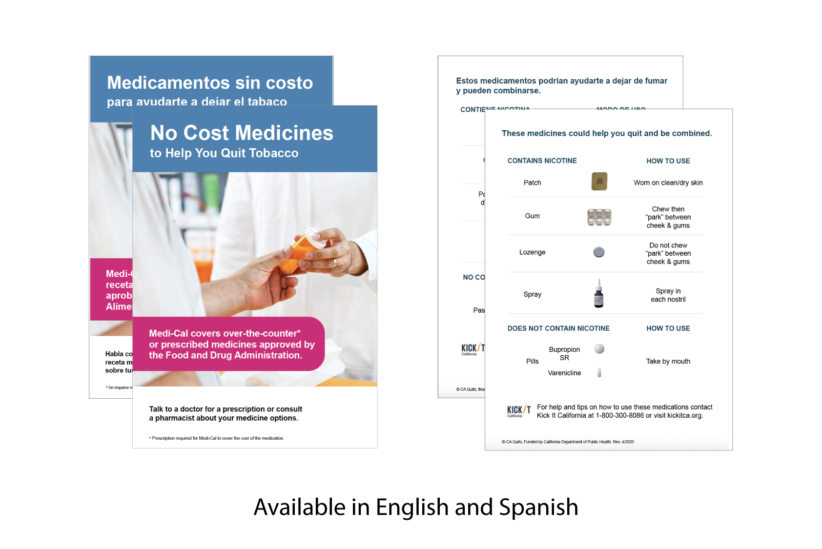 English and Spanish flyers about no-cost medications to help quit tobacco, with examples of nicotine replacement and prescription options.