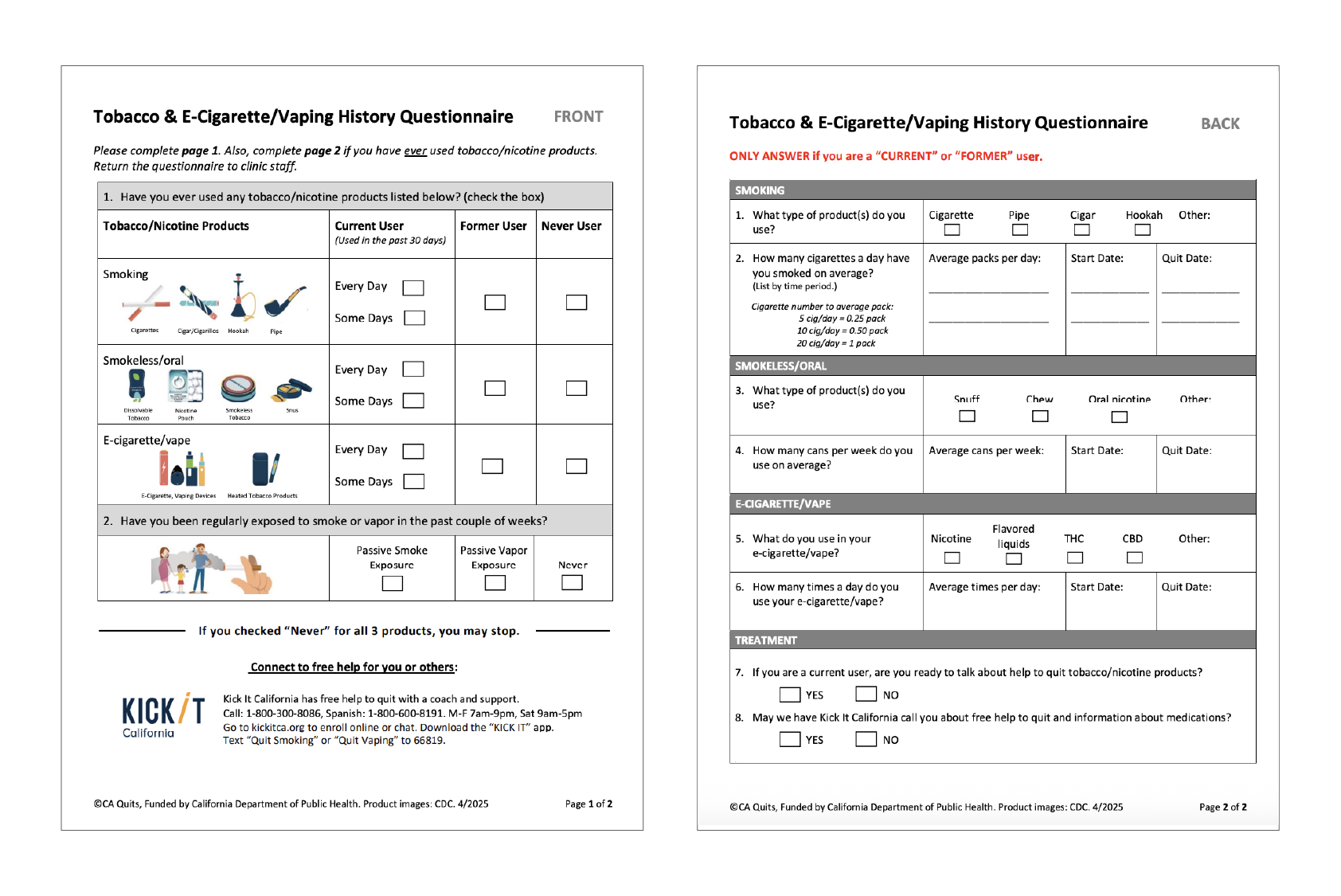 Two-page tobacco and e-cigarette use history questionnaire with checkboxes for product use, frequency, and readiness to quit.