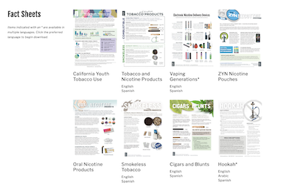 Cyan Online webpage showing a collection of tobacco and nicotine fact sheets available for download.