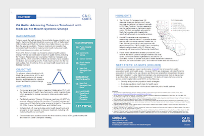 Two-page 2023 CA Quits policy brief titled “Advancing Tobacco Treatment with Medi-Cal for Health Systems Change,” summarizing background, strategies, 