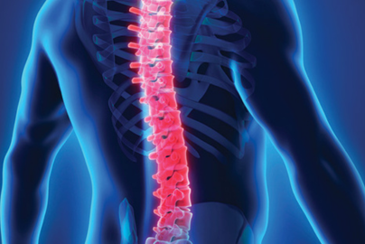 A graphic showing the back of a human body with the spine highlighted with a glowing red.