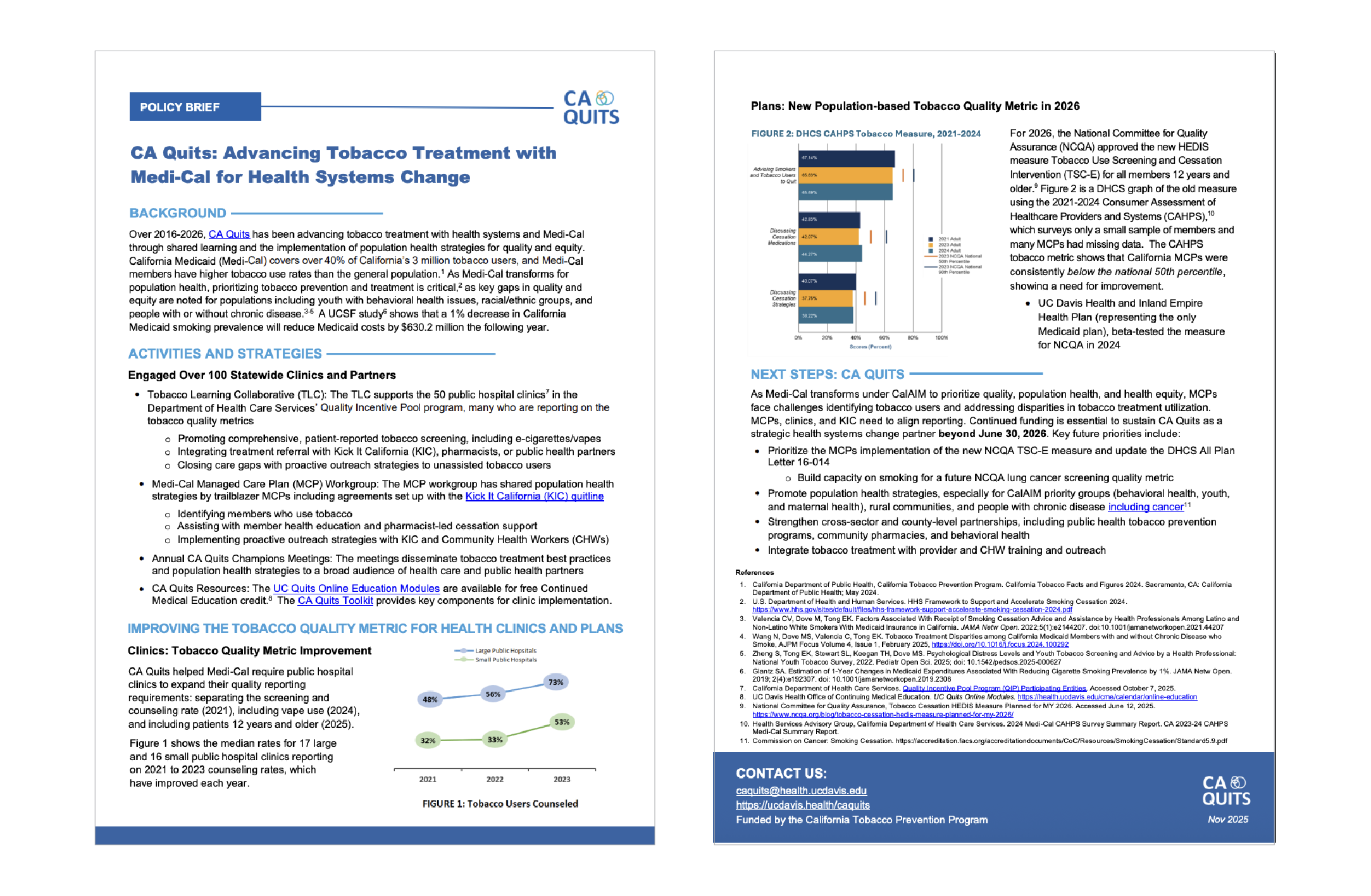 Two-page CA Quits policy brief on advancing tobacco treatment with Medi-Cal, including background, strategies, data, and next steps.