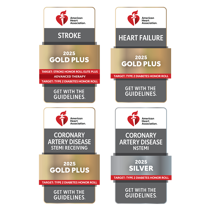 4 American Heart Association badges: Stroke, Heart failure, Coronary Artery Disease STEMI Receiving, Coronary Artery Disease NSTEMI, 2025 