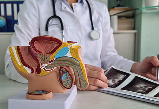 A doctor sits behind an anatomical model of the male reproductive system.