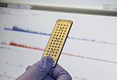 A target plate is used in a mass spectrometer. Proteins from the sample are ionized with a laser, then measured and analyzed to detect the SARS-CoV-2 
