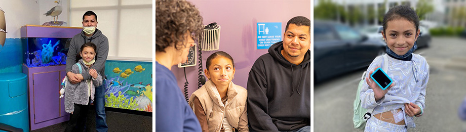 Left Erik and Elena in front of a fish tank, center: speaking with medical personnel; right: Elena with her new app