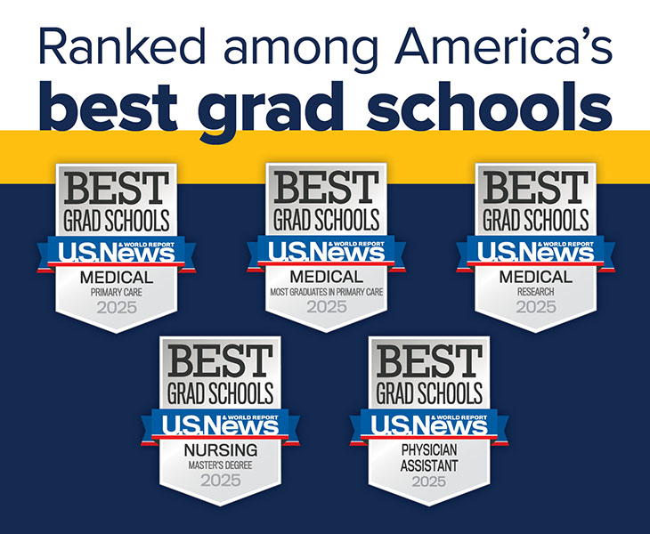 A blue and gold graphic with five US. News badges for best grad schools