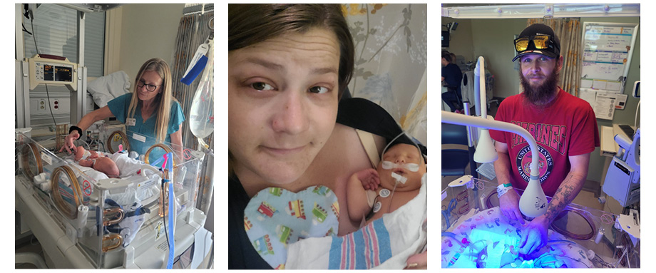 Three pics left to right: Woman at a baby's hospital bedside; woman holding baby with tubes in his nose; and man in a baseball hat and glasses on his head standing by baby in hospital bed with a heat lamp illuminating the bed in blue