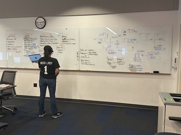 Team member standing at a large whiteboard filled with notes and diagrams used for supply chain planning in a UC Davis Health Command Center