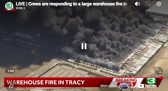 Photo courtesy KCRA live broadcast showing large fire and smoke
