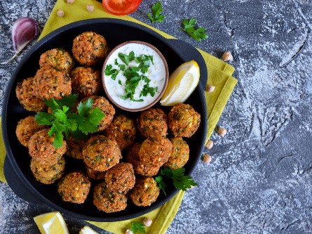 A bowl of greens and falafels with tzatziki sauce drizzle