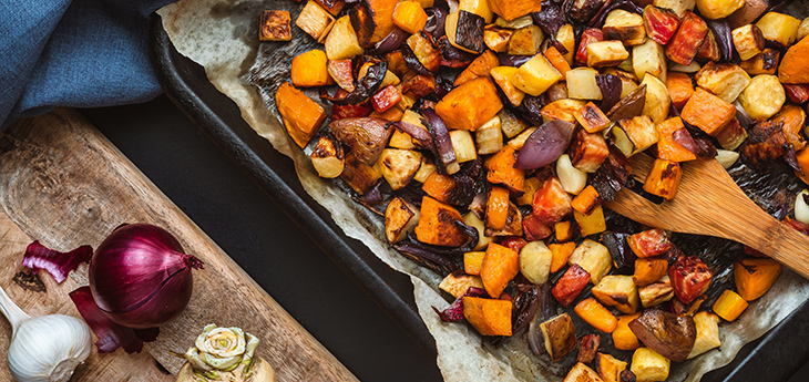 The ingredients used in this recipe can be adjusted depending on the season or what you have on hand. The goal is to have a colorful assortment that fits on your sheet pan and roasts well in the same amount of time. Chickpeas offer a nice boost of additional fiber and protein.  Serves 4  Ingredients  3 garlic cloves, sliced 1 can of chickpeas, drained 2 Tbsp extra virgin olive oil or avocado oil Kosher salt and black pepper to taste (you can also sprinkle red pepper flakes) Garlic powder Dried or fresh herbs such as oregano, rosemary, thyme, parsley, sage 4 cups of chopped vegetables (red onion, sweet potato, carrot, brussels sprouts, cauliflower, parsnips, etc.) Balsamic vinegar glaze (optional) Instructions  Preheat oven to 425 degrees. Chop vegetables to somewhat similar size. Place into a large bowl with drained chickpeas. Add oil, garlic and seasonings. Mix well to coat all of the vegetables. Put vegetable mixture in single layer on 1-2 sheet pans, making sure to not overcrowd the vegetables. Roast for approximately 20 minutes, checking occasionally for burning or doneness. Serve hot as a meal or a side dish. Drizzle with balsamic vinegar glaze if you like.