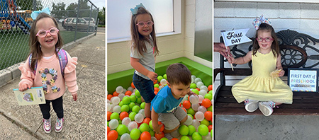 Image 1: Ruthie wears backpack, standing in front of playground. Image 2: Ruthie plays in a ballpen with her brother. Image 3: Ruthie sits on a bench, holding a sign that says “First day.”
