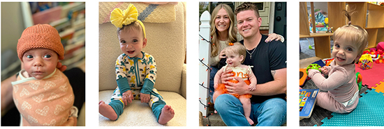 Image 1: Millie swaddled in a blanket. Image 2: Millie sitting up in a chair. Image 3: Millie sits on Jack Harrington’s lap with Lexy kneeling next to him. Image 4: Millie sits on the floor holding a toy.