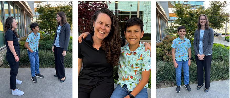 Image 1: Jordan, his mom and orthopaedic surgeon, Amanda Whitaker, at UC Davis Medical Center. Image 2: Jordan and his mom smiling. Image 3: Jordan and orthopaedic surgeon, Amanda Whitaker.