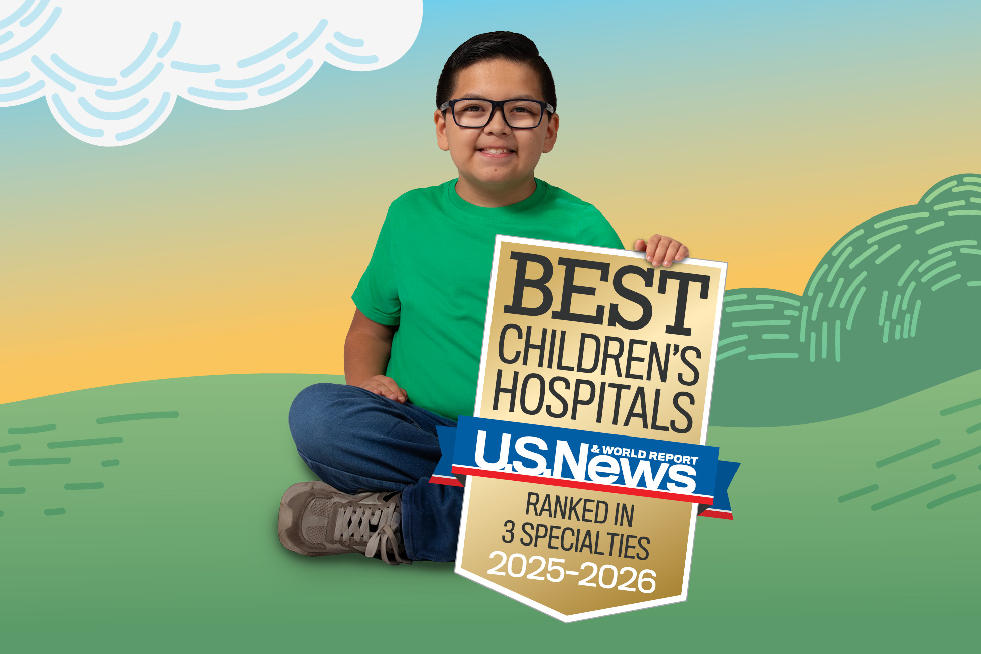 Child holding a U.S. News & World Report Best Children’s Hospitals ranked in 3 specialties 2025-2026 badge
