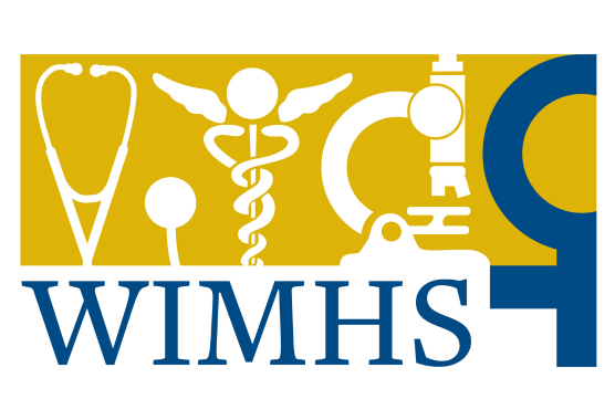 WIMHS graphic illustration with symbols that represent women in medicine such as a microscope and female symbol