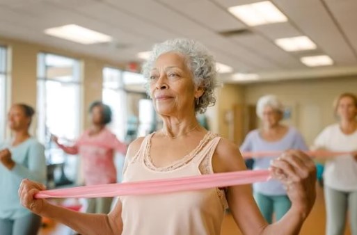 Woman smiling while holding a resistance band with her arms extended.