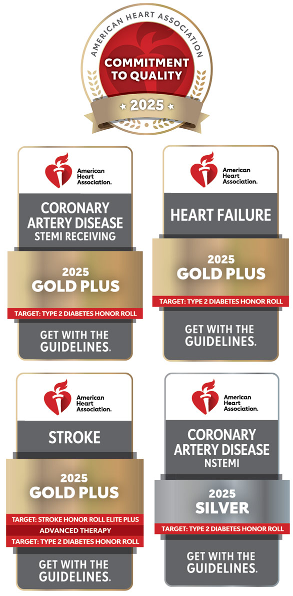 American Heart Association Commitment to Quality 2025 badge with 3 Get with the Guidelines gold plus badges and 1 Get with the Guidelines sliver badge