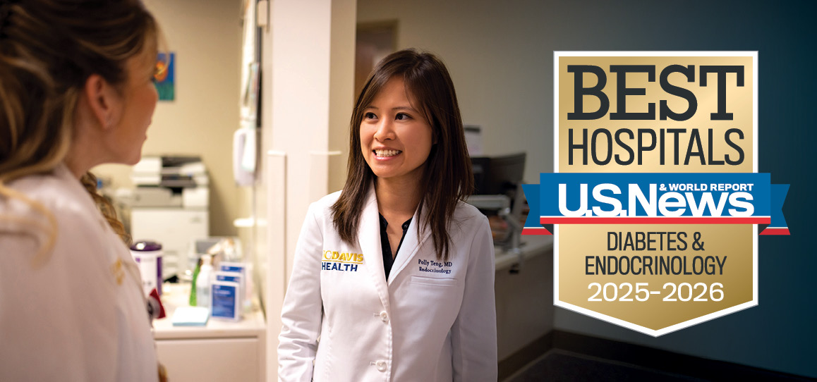 A smiling physician looking at another physician with US News and World Report Best Hospitals Diabetes and Endocrinology 2025-2026 badge overlaid.