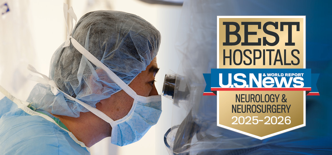 UC Davis Health neurosurgeon in the operating room with US News and World Report Best Hospitals Neurology and Neurosurgery 2025-2026 badge overlaid.