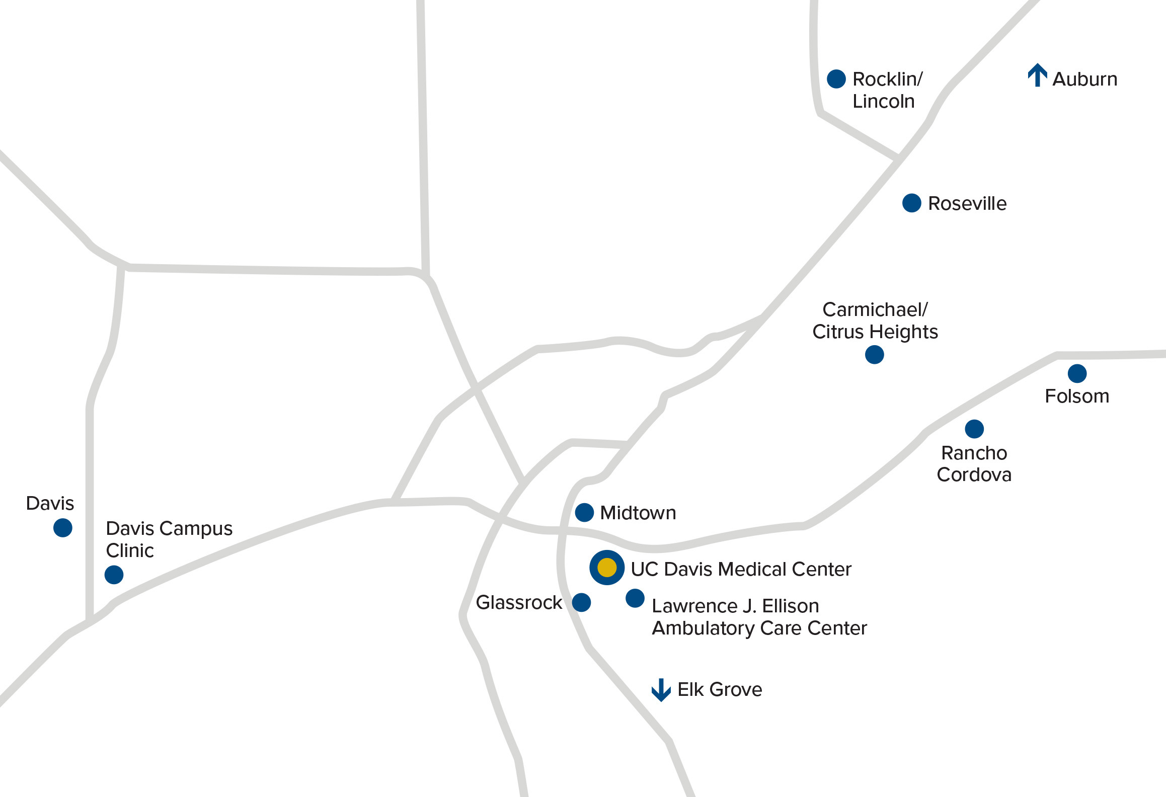 Mapa de ubicaciones de las clínicas de atención primaria de UC Davis Health.