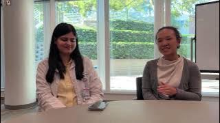 Irsa Munir, physician and Tiffany Dong, physician sitting together at a table being interviewed.