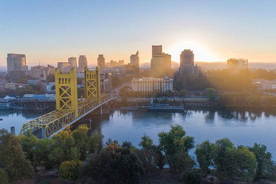 Wide angle view of the Tower Bridge and Sacramento skyline.