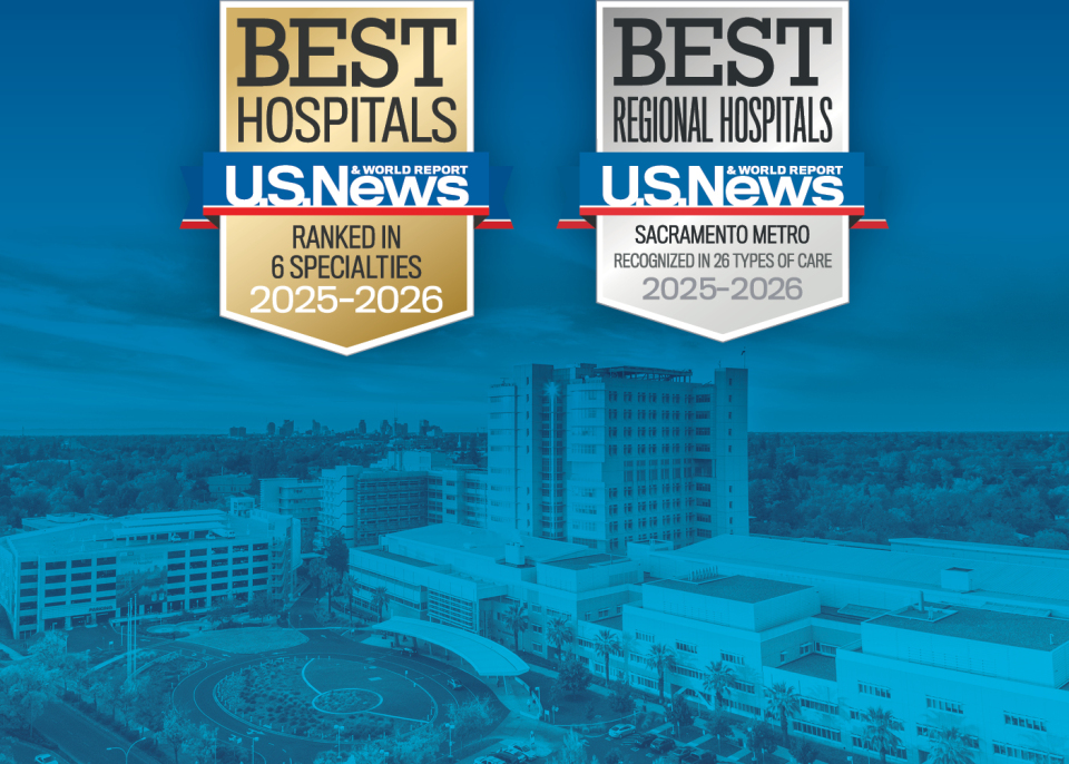 US News 2025-26 badges for "Best Hospitals Ranked in 6 Specialties" & "Best Regional Hospitals Recognized in 26 Types of Care" with hospital aerial
