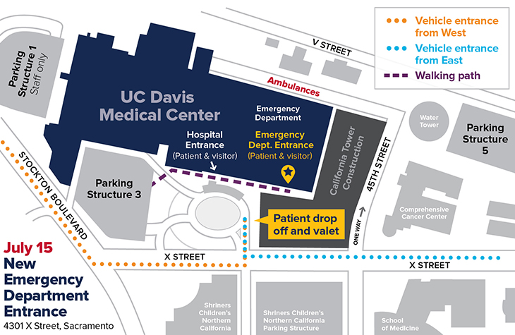 Map showing UC Davis Medical Center emergency department patient drop-off and entrance locations. More detailed description in the caption below.