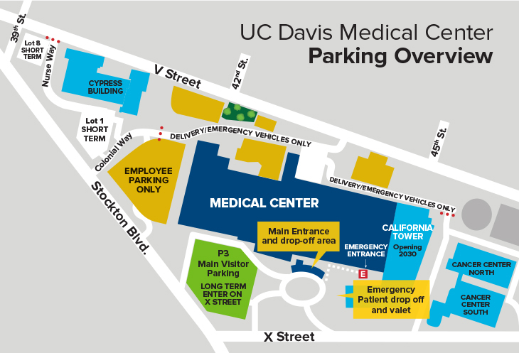 Map showing UC Davis Medical Center parking locations. More detailed description in the caption below.