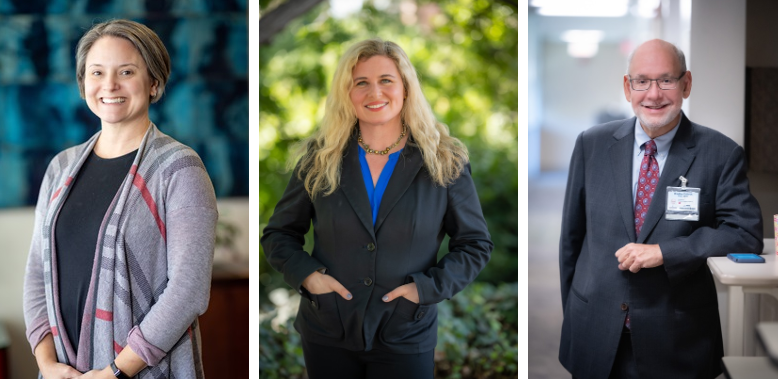 collage of three professionals, from left to right a woman in a gray sweater, a woman in a blue suit jacket and a man in a dark jacket