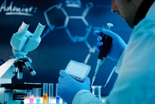 artistic rendering of a researcher in a lab with a microscope, slides and beakers