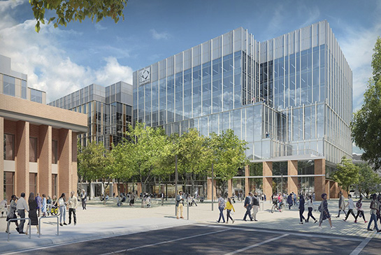 artist's rendering of Aggie Square campus, including multi-story buildings and grassy quad