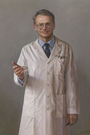 Formal painted portrait of Joseph Silva wearing a white lab coat and tie, standing against a plain neutral background.