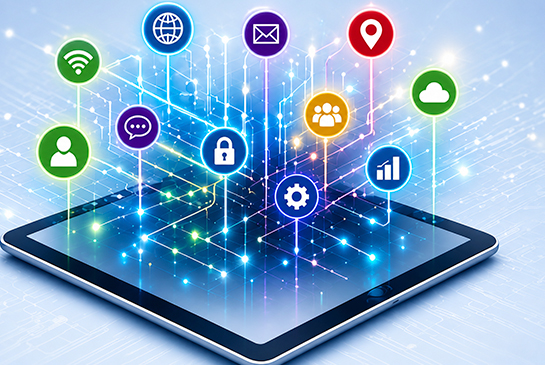 Tablet with connected digital icons representing technology and online communication