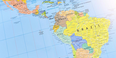 A map of Central and South America, with countries labeled