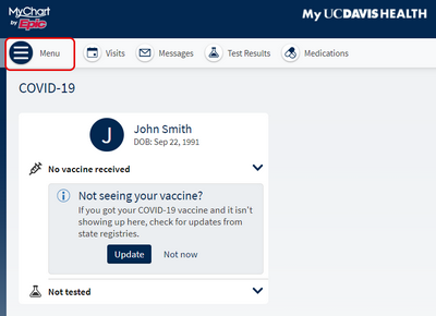 MyUCDavisHealth screenshot showing a portion of Step 1, including a "Menu" button and a "COVID-19" module