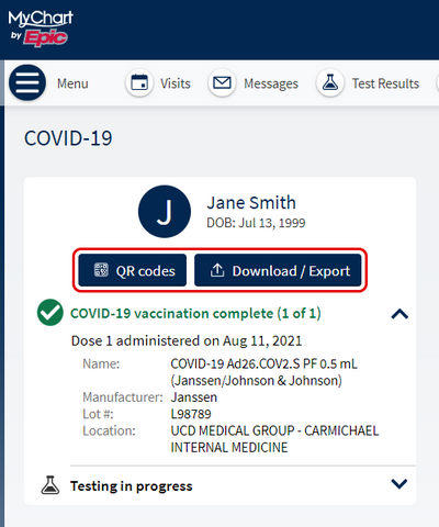 MyUCDavisHealth screenshot showing a portion of Step 2, including COVID-19 dose history and buttons for downloading and exporting