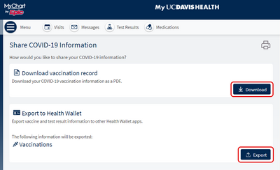 MyUCDavisHealth screenshot showing a portion of Step 2b, including a "Share COVID-19 Information" screen with downloading and exporting buttons