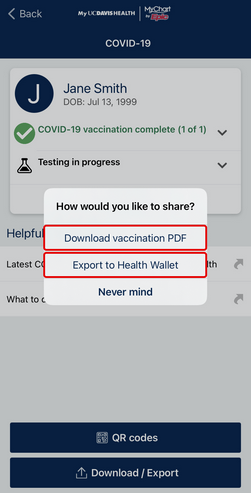 MyUCDavisHealth screenshot showing a portion of Step 2b, including a "COVID-19" screen with buttons for downloading and exporting